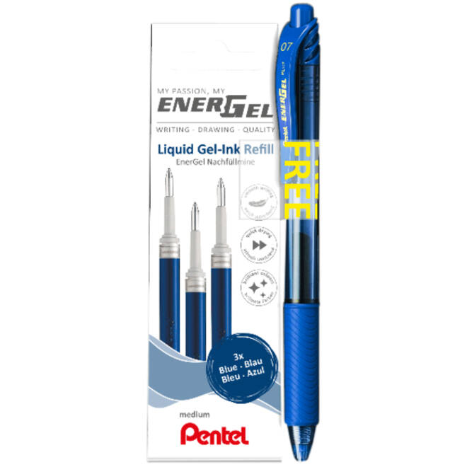 Gelschrijvervulling Pentel LR7 Energel met gratis gelpen medium blauw blister à 3 stuks