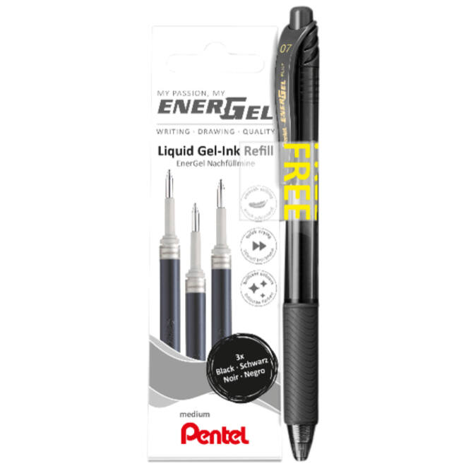 Gelschrijvervulling Pentel LR7 Energel met gratis gelpen medium zwart blister à 3 stuks