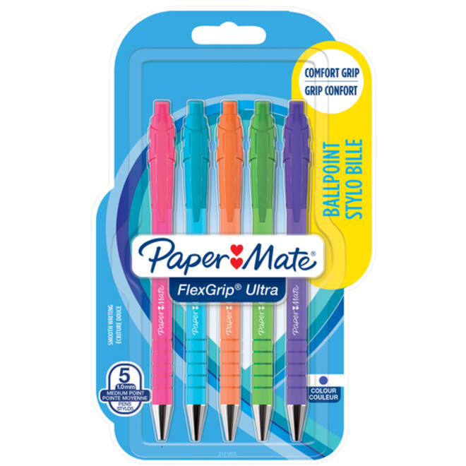 Balpen Paper Mate Flexgrip drukknop Bright fun medium schrijfkleur blauw blister à 5 stuks