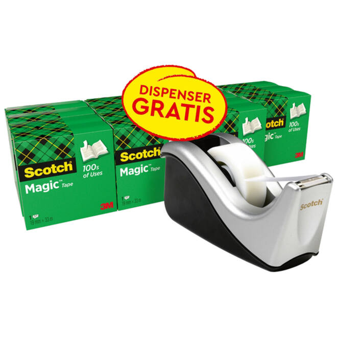 Plakband Scotch Magic 819 19mmx33m mat + plakbandhouder zilver 16 rollen