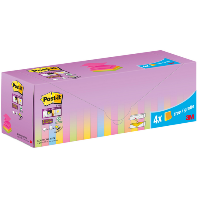 Memoblok 3M Post-it Z-Note R330 Super Sticky 76x76mm assorti kleur 20 + 4 gratis