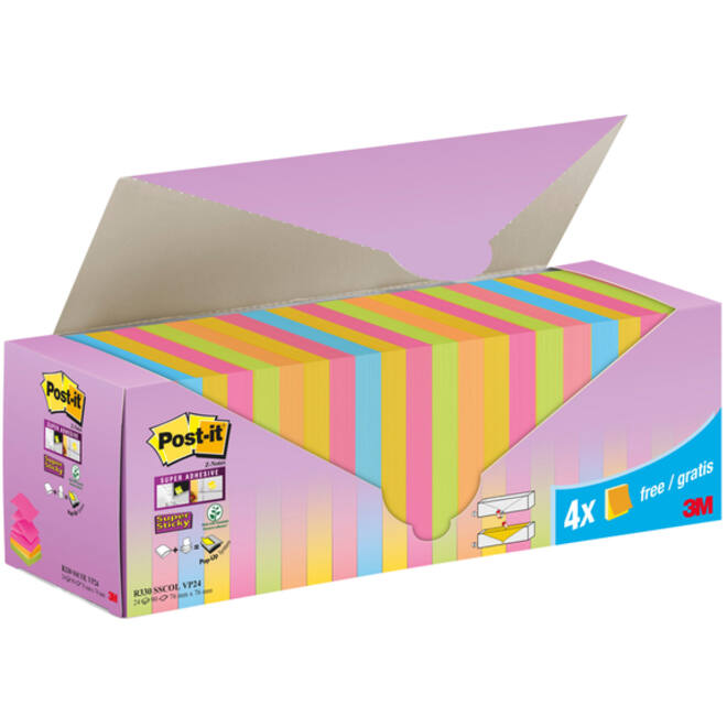Memoblok 3M Post-it Z-Note R330 Super Sticky 76x76mm assorti kleur 20 + 4 gratis