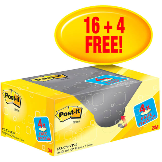 Memoblok 3M Post-it 653 38x51mm geel 16 + 4 gratis