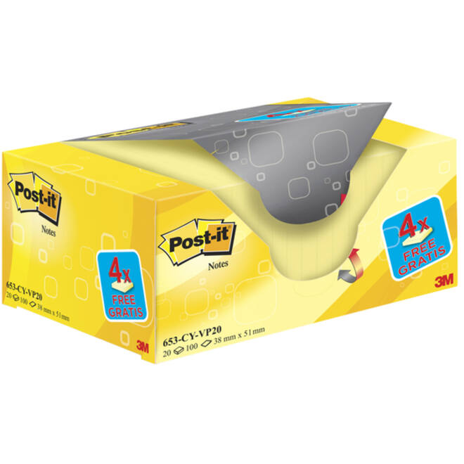 Memoblok 3M Post-it 653 38x51mm geel 16 + 4 gratis