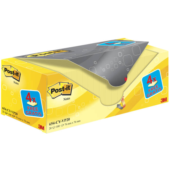 Memoblok 3M Post-it 654 76x76mm geel 16 + 4 gratis