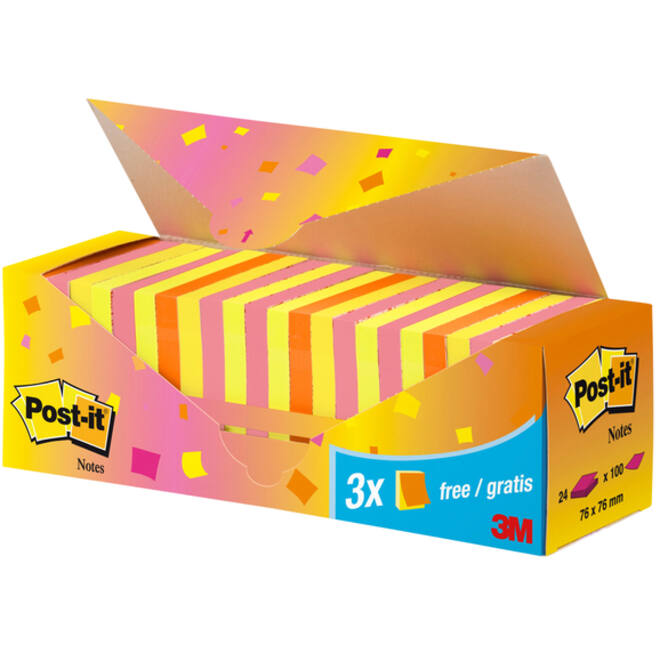 Memoblok 3M Post-it 654 76x76mm neon assorti 21 + 3 gratis
