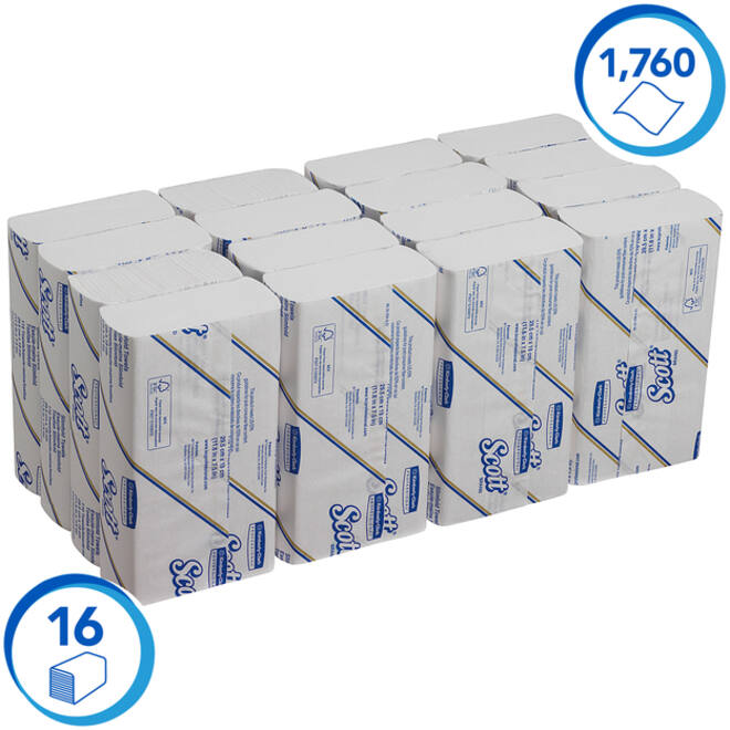 Handdoek Scott Slimfold m-vouw 1-laags 19x29,5cm wit 16x110stuks 5856
