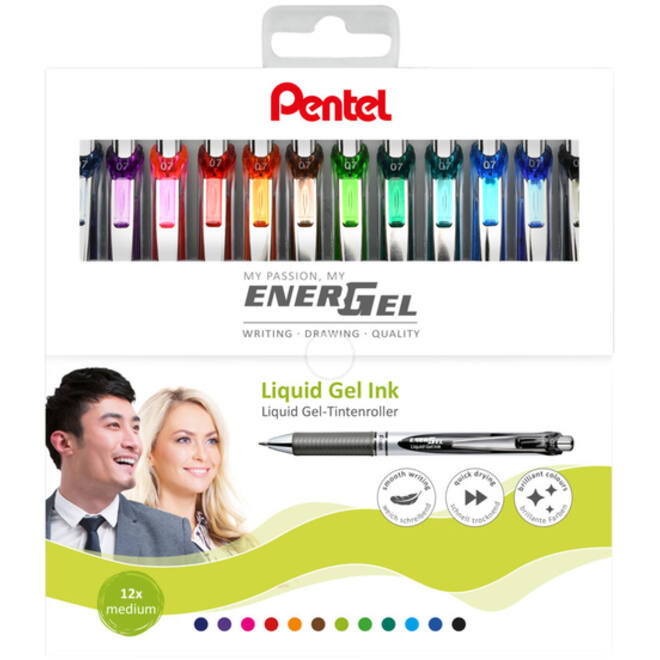 Gelschrijver Pentel BL77 Energel medium assorti etui à 12 stuks