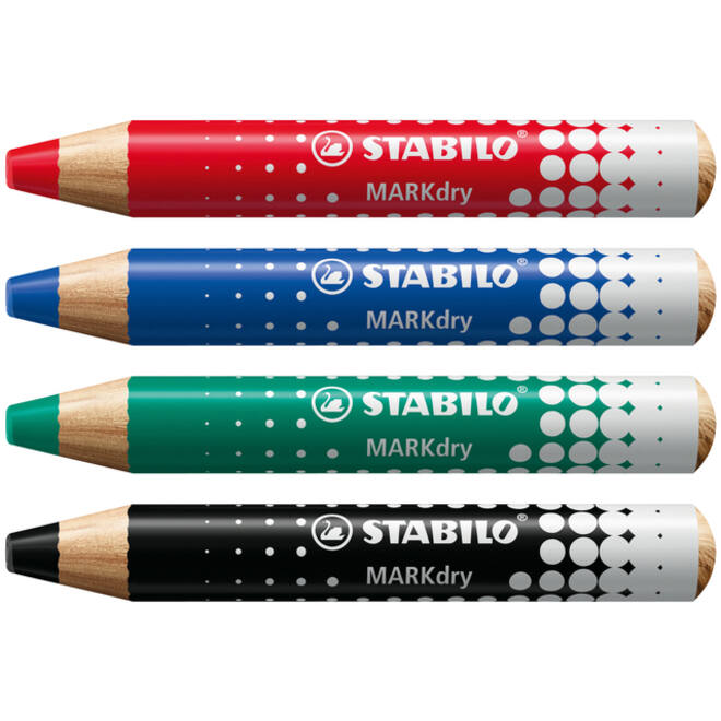 Whiteboardpotlood STABILO MARKdry 648/4 inclusief slijper en microvezeldoek assorti etui à 4 stuks