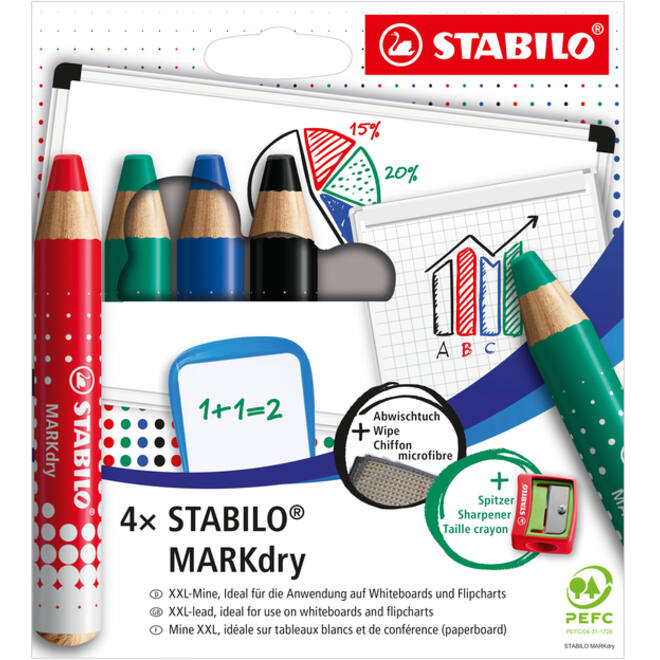Whiteboardpotlood STABILO MARKdry 648/4 inclusief slijper en microvezeldoek assorti etui à 4 stuks