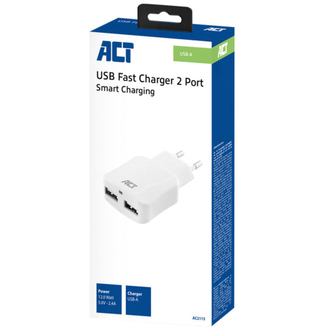 Oplader ACT USB 2 poorts 2.1A 12W wit