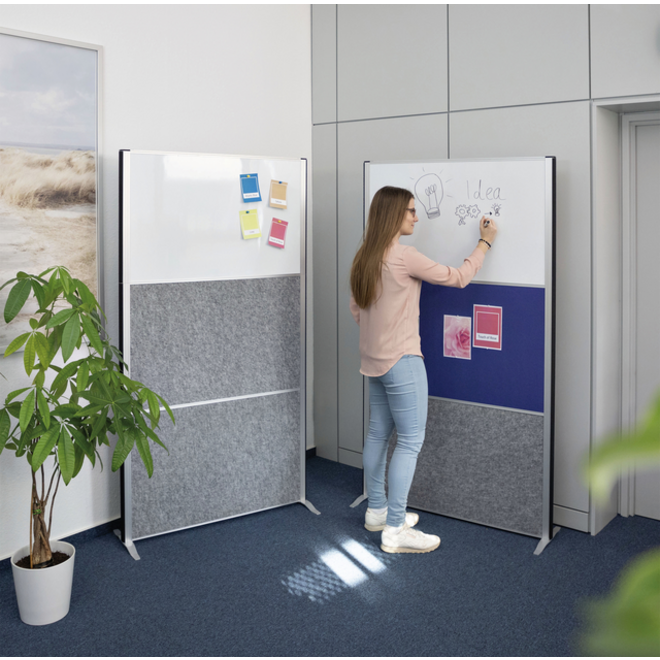 Scheidingswand MAUL akoestiek 100x180 2xdonker- 1xwhiteboard alum.frame op voet