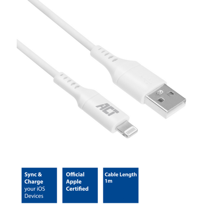 Kabel ACT USB 2.0 naar Lightning laad -en data 1 meter