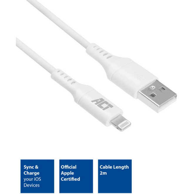 Kabel ACT USB 2.0 naar Lightning laad -en data 2 meter