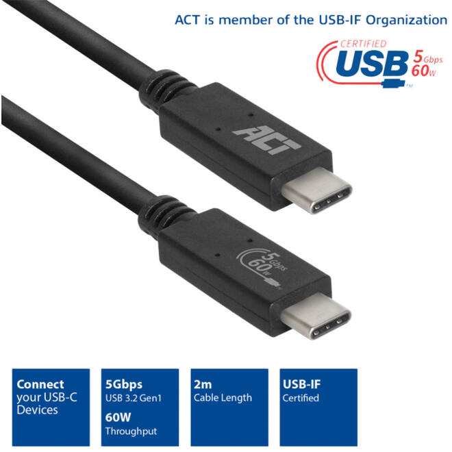Kabel ACT USB 3.2 USB-C USB-IF gecertificeerd 2 meter