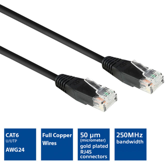 Kabel ACT CAT6 Network koper 0.9 meter zwart