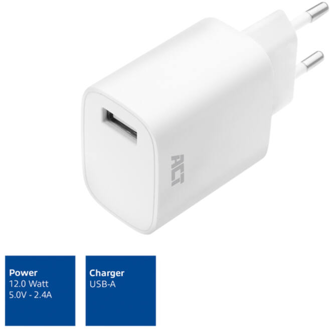 Oplader ACT USB 2.4A 12W wit