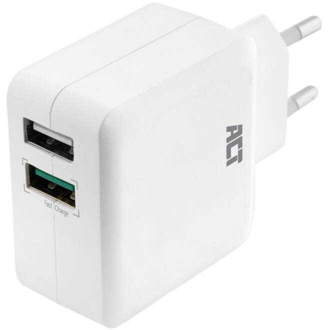 Oplader ACT USB 2 poorts Quickcharge 30W wit
