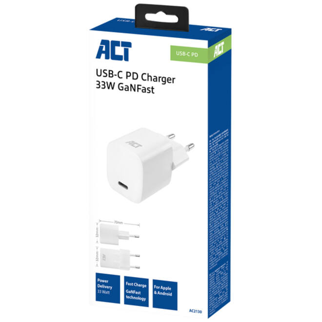Oplader ACT USB-C compact GaNFast 33W wit
