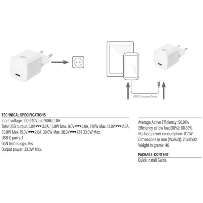 Oplader ACT USB-C compact GaNFast 33W wit