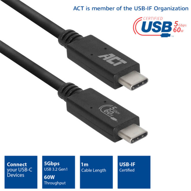 Kabel ACT USB 3.2 USB-C USB-IF gecertificeerd 1 meter