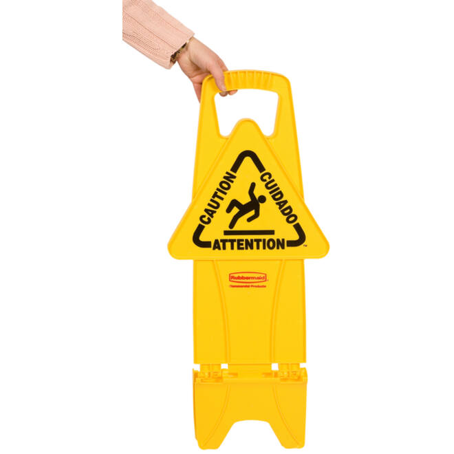 Waarschuwingsbord Rubbermaid tweezijdig meertalig met voet 66cm geel