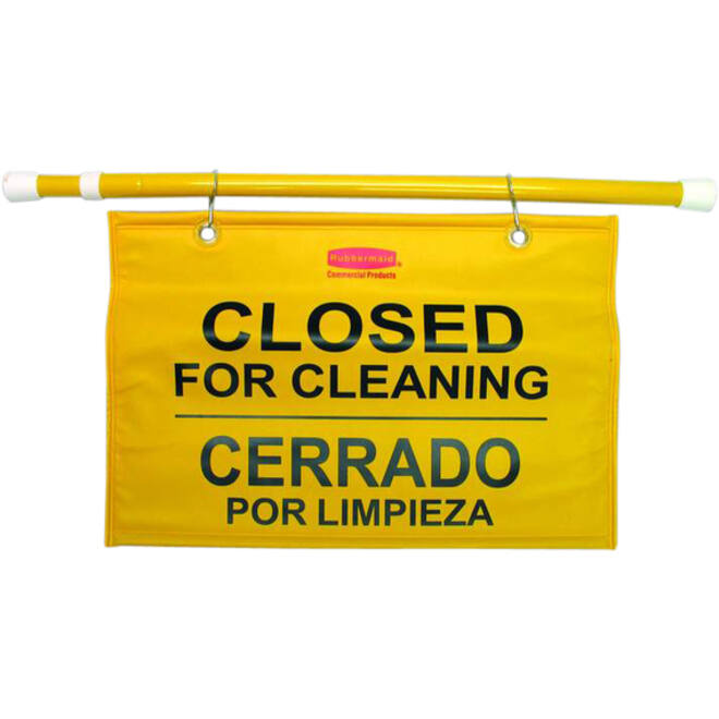 Waarschuwingsvlag hangend meertalig closed for cleaning geel