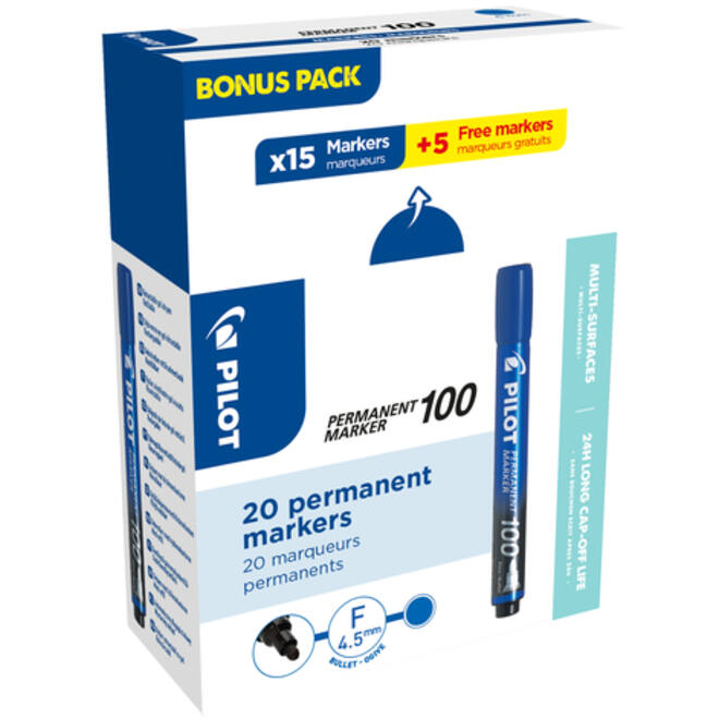 Viltstift PILOT 100 rond fijn blauw doos à 15+5 gratis