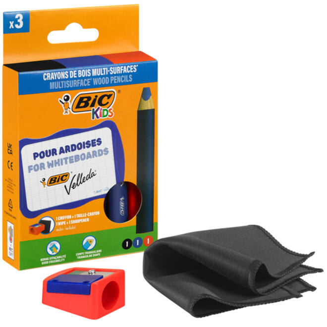 Whiteboardpotlood BicKids Multi Surface inclusief puntenslijper en doekje assorti pak à 3 stuks