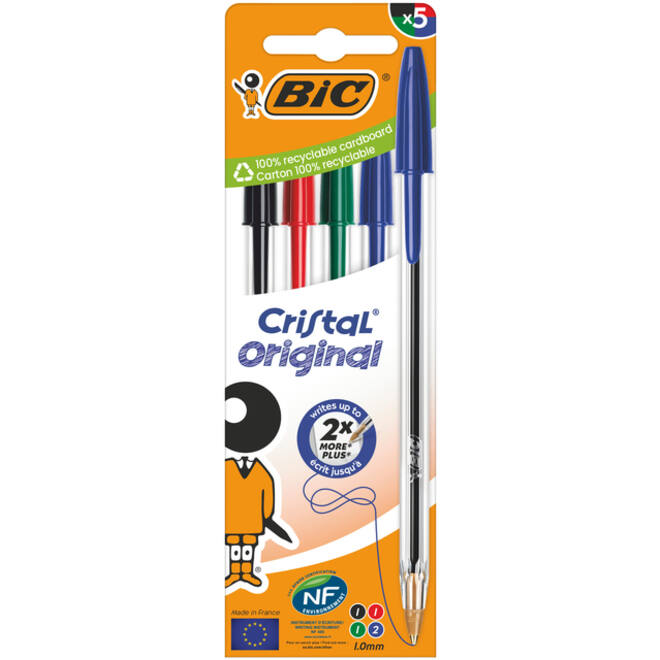 Balpen Bic Cristal medium assorti blister à 5 stuks
