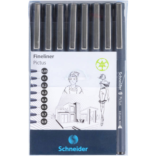 Fineliner Schneider Pictus zwart etui à 8 stuks