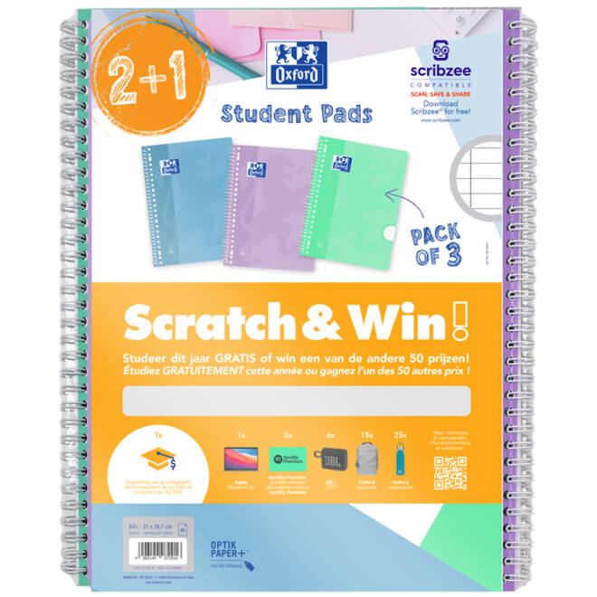 Collegeblok Oxford School A4+ lijn 23-gaats 160 pagina's 80gr pastel scratch&win assorti