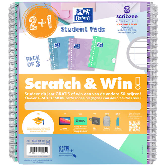 Collegeblok Oxford School A5+ lijn 17-gaats 160 pagina's 80gr pastel scratch&win assorti