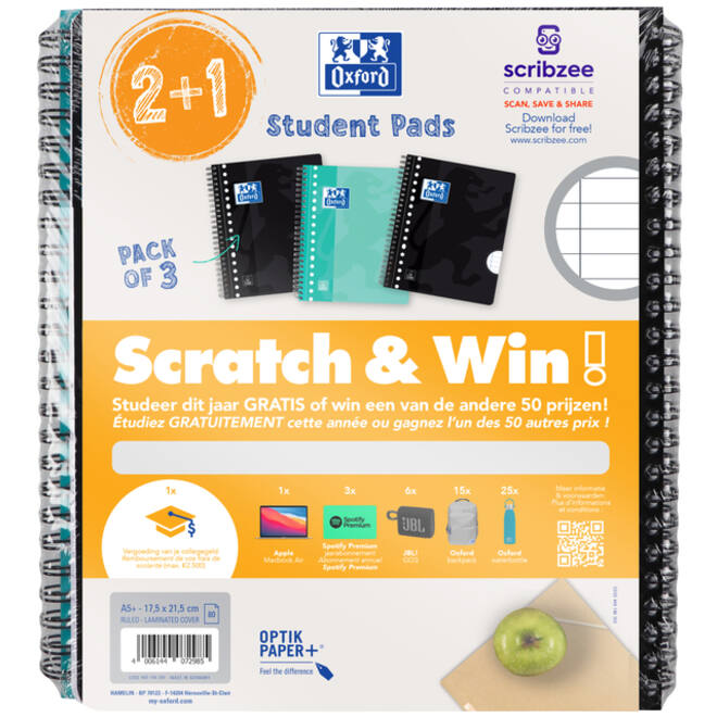 Collegeblok Oxford School A5+ lijn 17-gaats 160 pagina's 80gr scratch&win assorti