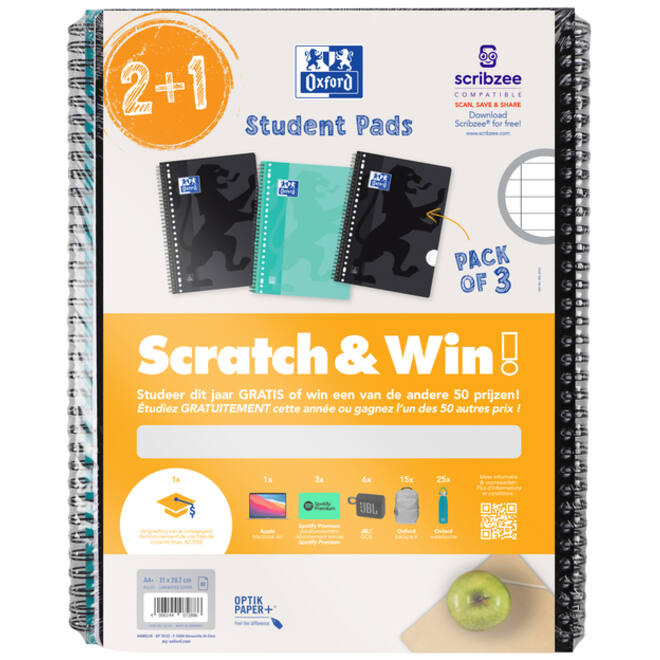 Collegeblok Oxford School A4+ lijn 23-gaats 160 pagina's 80gr scratch&win assorti