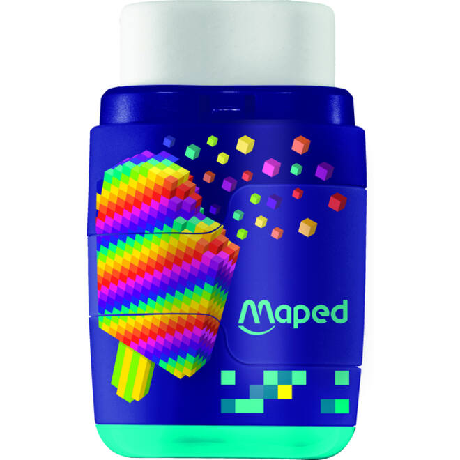 Puntenslijper Maped Pixel Party Connect 2-gaats met gum display à 20 stuks