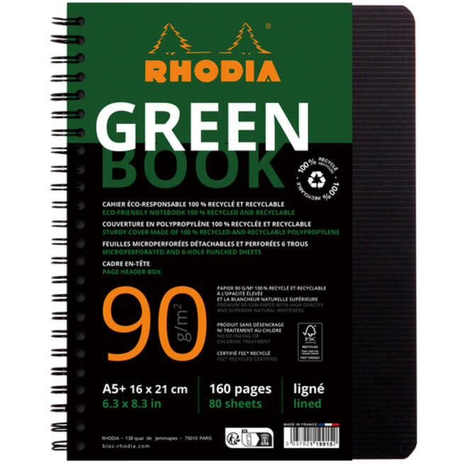 Notitieboek Rhodia Greenbook A5 lijn 6-gaats 180 pagina's 90gr zwart