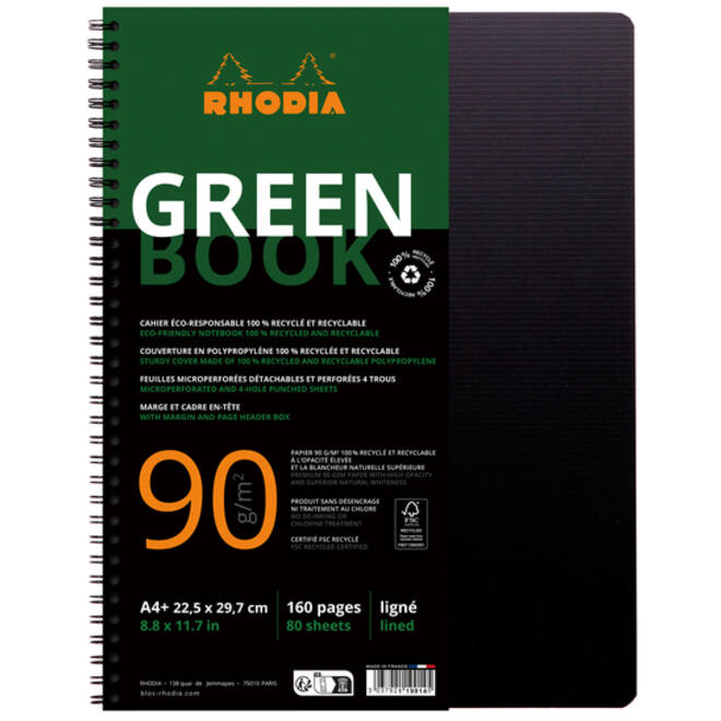 Notitieboek Rhodia Greenbook A4+ lijn 4-gaats 180 pagina's 90gr zwart
