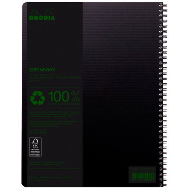 Notitieboek Rhodia Greenbook A4+ lijn 4-gaats 180 pagina's 90gr zwart