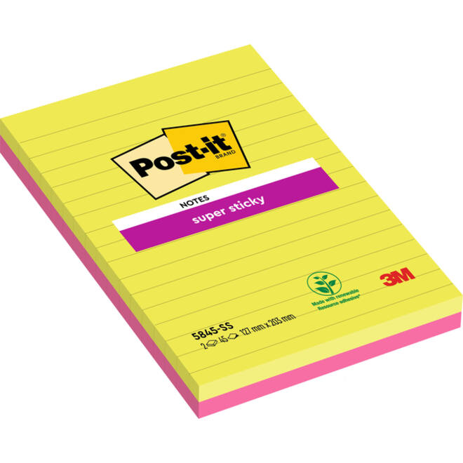 Memoblok 3M Post-it 5845 Super Sticky 127x203mm lijn assorti kleur