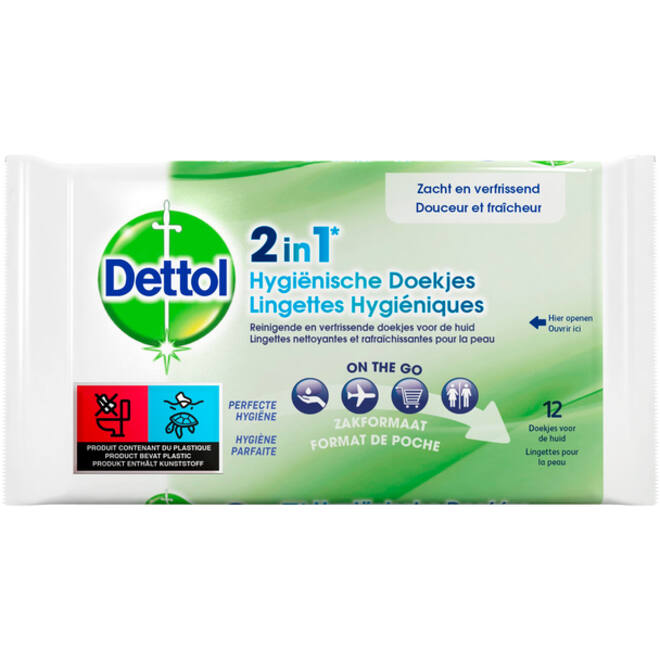 Hygiënische verfrissingsdoekjes Dettol Wipes 2-in-1 12st