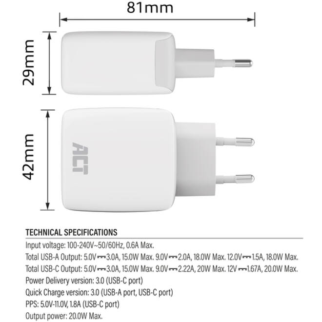 Oplader act 20w 2-poorts usb a+c wit