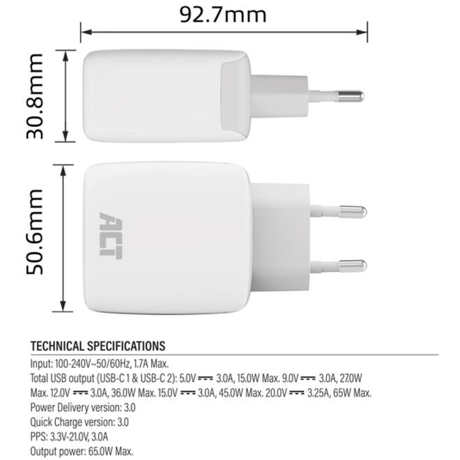 Oplader act 65w 2-poorts usb c wit
