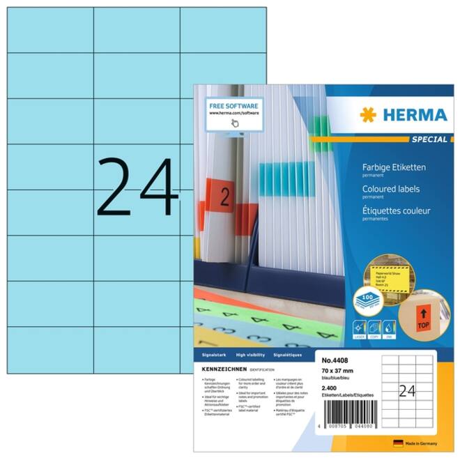 Etiket HERMA 4408 70x37mm blauw 2400 etiketten