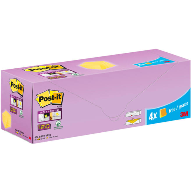 Memoblok 3M Post-it 654-SSCY Super Sticky 76x76mm geel voordeelpak