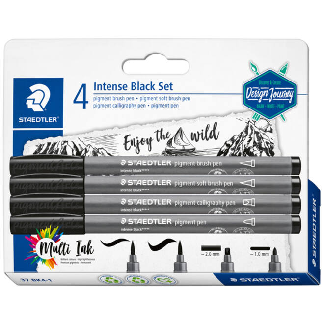 Brushpen Staedtler PigmentArts Intens zwart set à 4 schrijfbreedtes