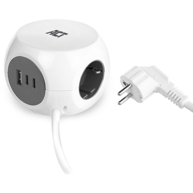 Stekkerblok ACT 3 voudig inclusief 2x USB C/A 1.5 meter wit/grijs