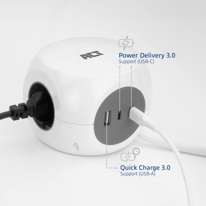 Stekkerblok ACT 3 voudig inclusief 2x USB C/A 1.5 meter wit/grijs