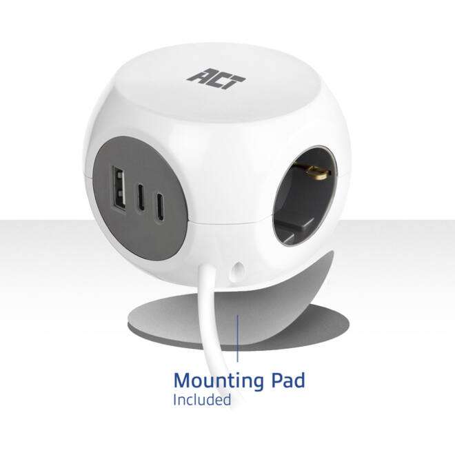 Stekkerblok ACT 3 voudig inclusief 2x USB C/A 1.5 meter wit/grijs