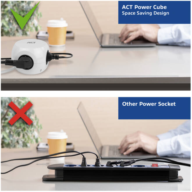Stekkerblok ACT 3 voudig inclusief 2x USB C/A 1.5 meter wit/grijs